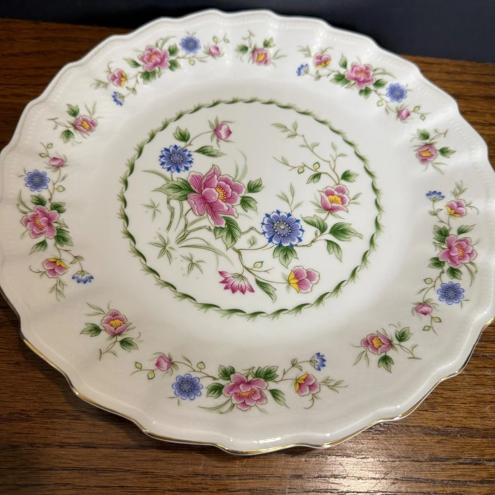 Spring Night Fine China Cake Plate Platter Floral Scalloped Gold Trim Vintage